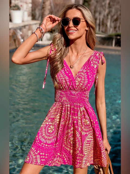 Cupshe Dresses & Skirts - Cupshe Fuchsia Printed Tie-Shoulder V-Neck Midi Dress 🏝️☀️